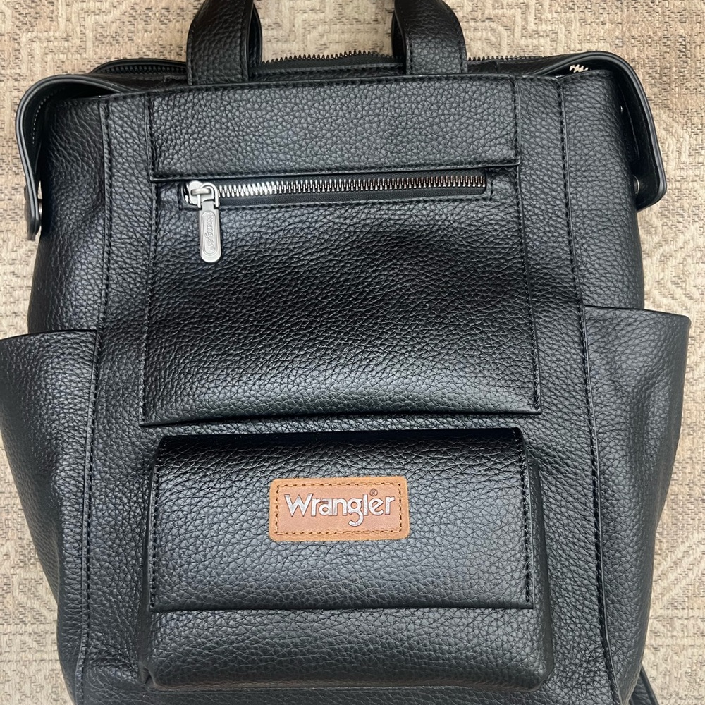 Wrangler Black Pebbled Leather Backpack with Tan Logo Patch